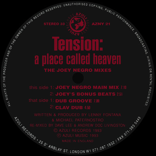 Tension : A Place Called Heaven (Joey Negro Re-Mixes • Farley/Heller Mixes) (2x12", Single)