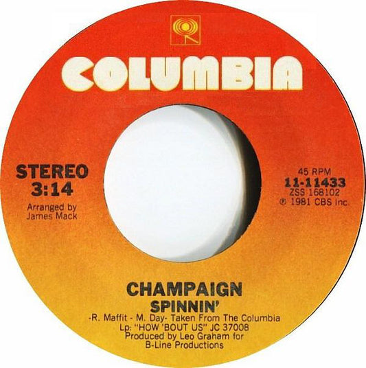 Champaign : How 'Bout Us / Spinnin' (7", Single, Styrene, San)