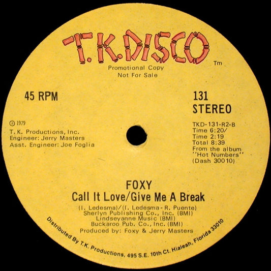 Foxy : Hot Number / Call It Love / Give Me A Break (12", Promo)