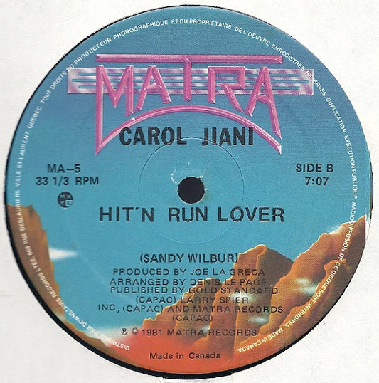 Carol Jiani : Hit 'N Run Lover (MDR Version) (12")