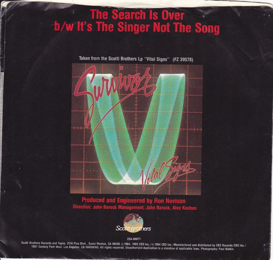 Survivor : The Search Is Over (7", Single, Styrene, Pit)
