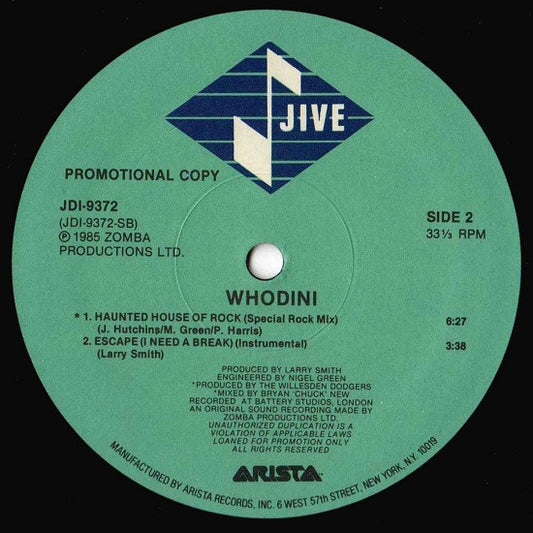 Whodini : Escape (I Need A Break) (12", Promo)