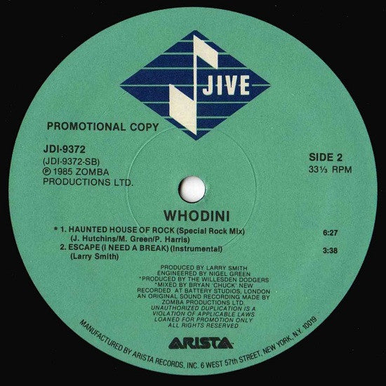 Whodini : Escape (I Need A Break) (12", Promo)