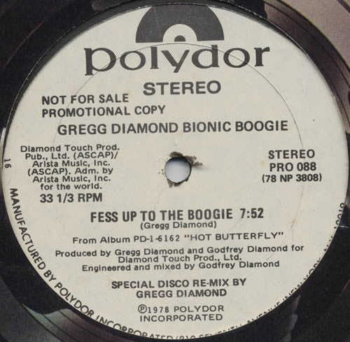 Gregg Diamond, Bionic Boogie : Hot Butterfly / Fess Up To The Boogie (12", Promo, 16)