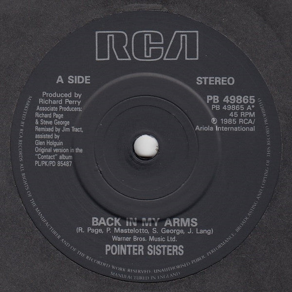 Pointer Sisters : Back In My Arms (7", Single)