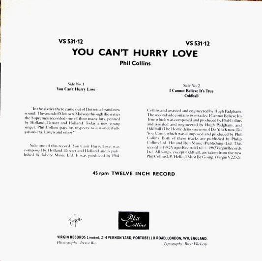 Phil Collins : You Can't Hurry Love (12", Single)