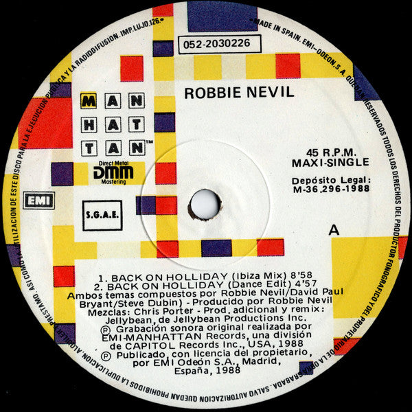 Robbie Nevil : Back On Holiday (12", Maxi)