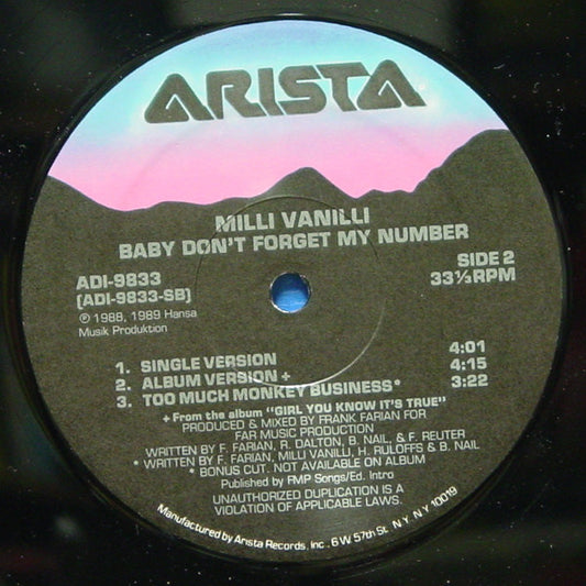 Milli Vanilli : Baby Don't Forget My Number (12", Single, Com)