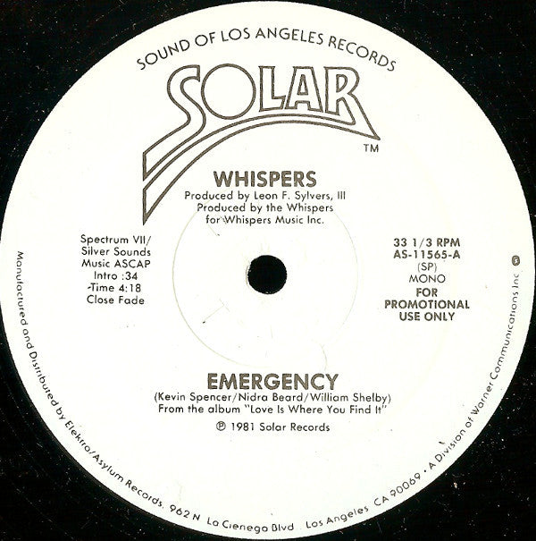 The Whispers : Emergency (12", Promo)