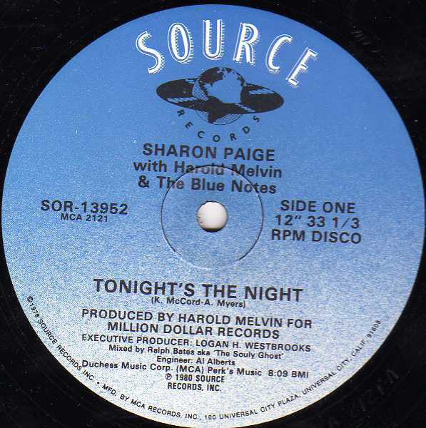 Sharon Paige With Harold Melvin And The Blue Notes : Tonight's The Night (12")