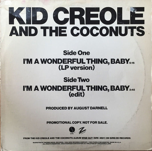 Kid Creole And The Coconuts : I'm A Wonderful Thing, Baby (12", Promo)