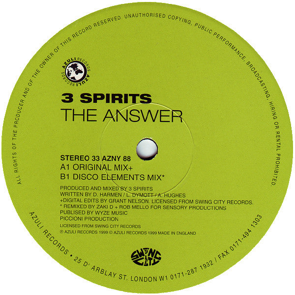 3 Spirits : The Answer (Original / Disco Elements Remixes) (12")
