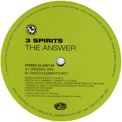 3 Spirits : The Answer (Original / Disco Elements Remixes) (12")