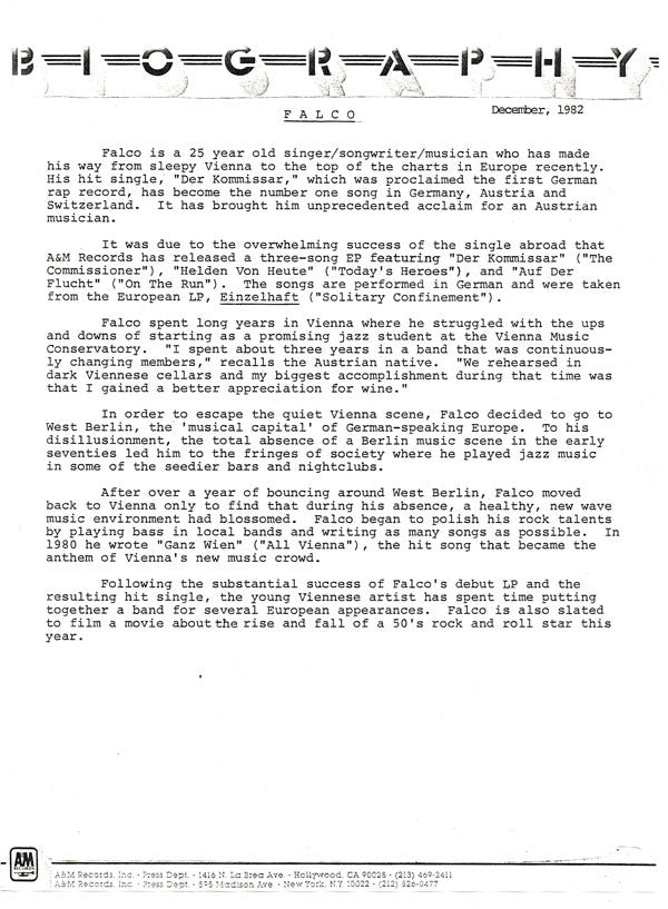 Falco : Der Kommissar = The Commissioner (12", Promo)