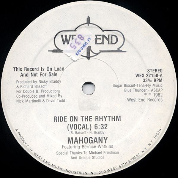 Mahogany Featuring Bernice Watkins : Ride On The Rhythm (12", Promo)