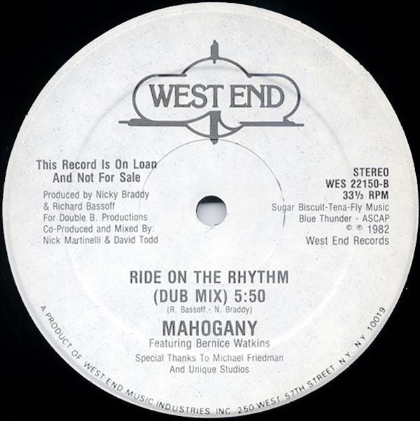 Mahogany Featuring Bernice Watkins : Ride On The Rhythm (12", Promo)