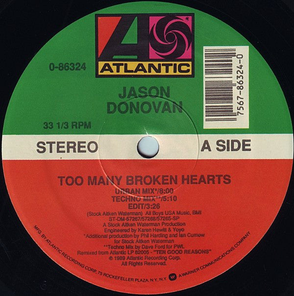 Jason Donovan : Too Many Broken Hearts (12")