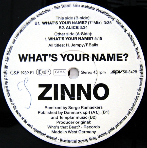 Zinno : What's Your Name? - The Return (12")
