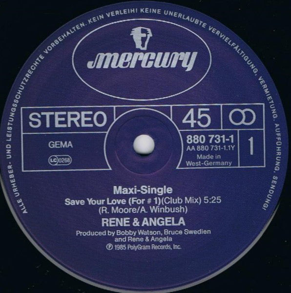 René & Angela : Save Your Love (For #1) (Club Mix) (12", Maxi)