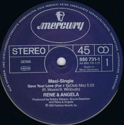 René & Angela : Save Your Love (For #1) (Club Mix) (12", Maxi)