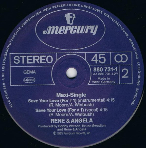 René & Angela : Save Your Love (For #1) (Club Mix) (12", Maxi)