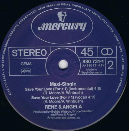 René & Angela : Save Your Love (For #1) (Club Mix) (12", Maxi)