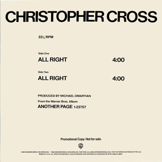 Christopher Cross : All Right (12", Promo)
