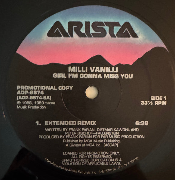 Milli Vanilli : Girl I'm Gonna Miss You (12", Promo)