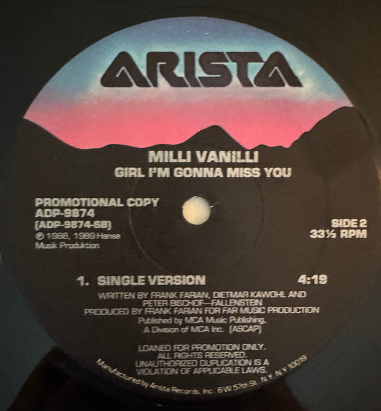 Milli Vanilli : Girl I'm Gonna Miss You (12", Promo)