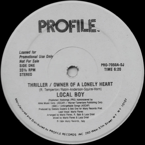 Local Boy : Thriller / Owner Of A Lonely Heart (12", Promo)