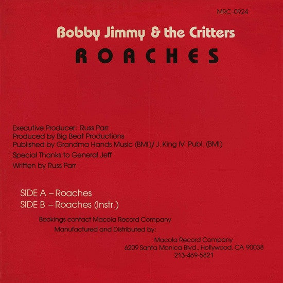 Bobby Jimmy & "The Critters"* : Roaches (12", Single)