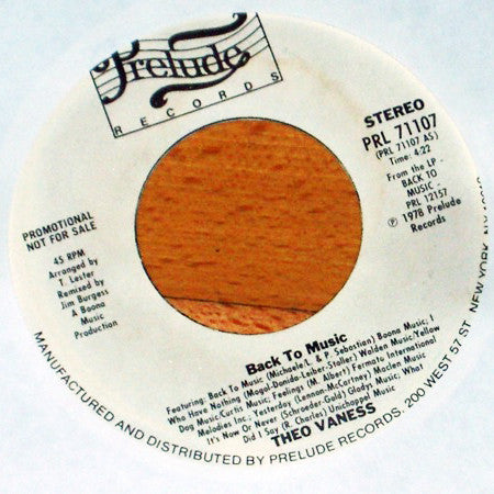 Theo Vaness : Back To Music / Nobody But You (7", Promo)