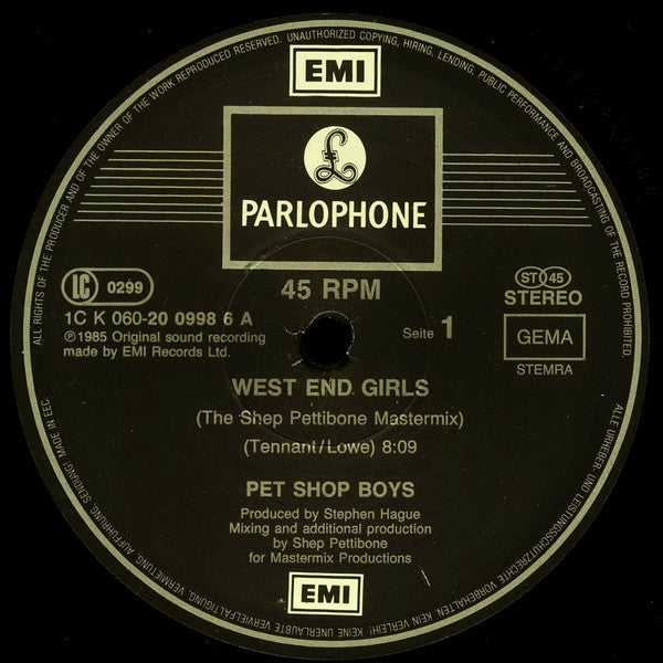 Pet Shop Boys : West End Girls (The Shep Pettibone Mastermix) (12", Maxi, RP)