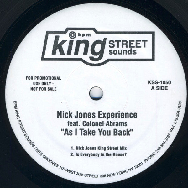 Nick Jones Experience Feat. Colonel Abrams : As I Take You Back (12", Promo)