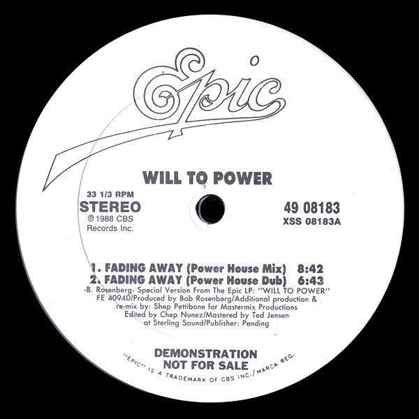 Will To Power : Fading Away (12", Single, Promo)