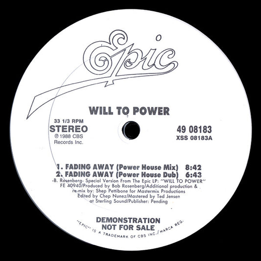 Will To Power : Fading Away (12", Single, Promo)