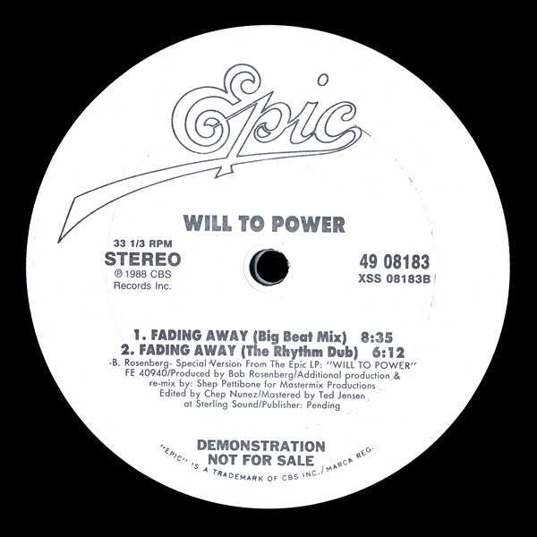 Will To Power : Fading Away (12", Single, Promo)