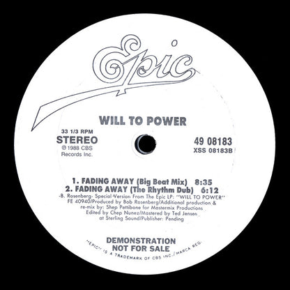 Will To Power : Fading Away (12", Single, Promo)