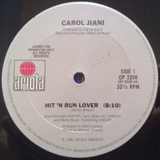 Carol Jiani : Hit 'N Run Lover (12", Promo)