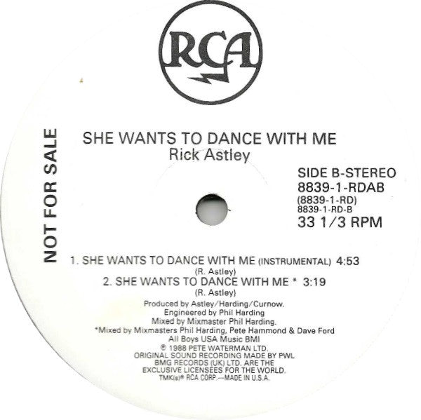 Rick Astley : She Wants To Dance With Me (12", Promo)