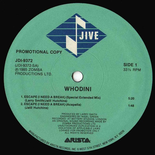 Whodini : Escape (I Need A Break) (12", Promo)