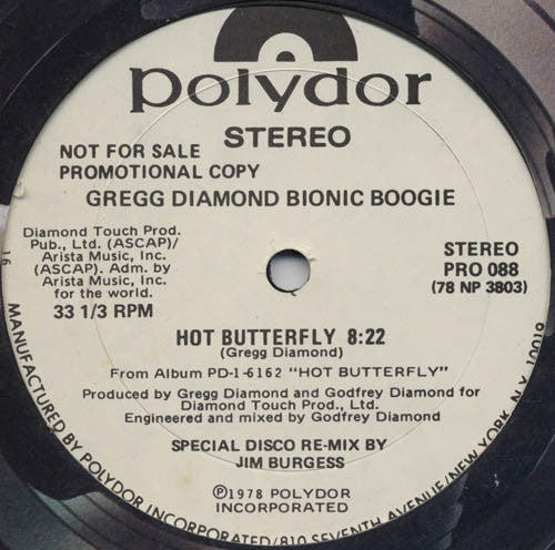 Gregg Diamond, Bionic Boogie : Hot Butterfly / Fess Up To The Boogie (12", Promo, 16)