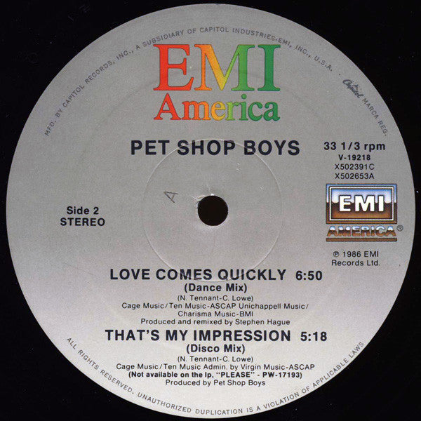 Pet Shop Boys : Love Comes Quickly (12", Single)