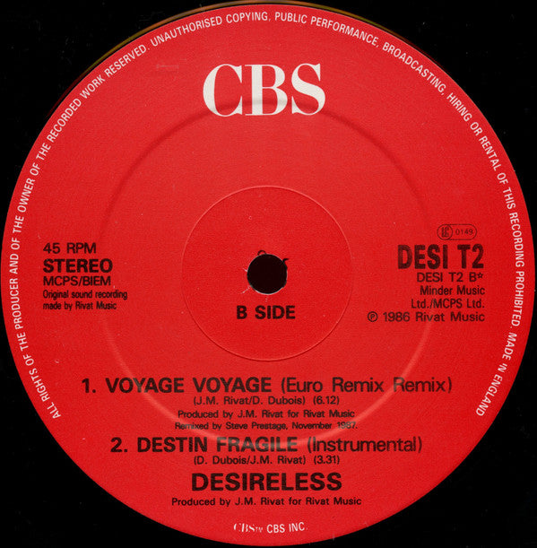 Desireless : Voyage Voyage (Britmix) (12", Single)
