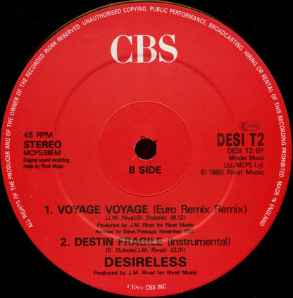 Desireless : Voyage Voyage (Britmix) (12", Single)