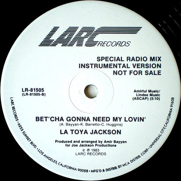 La Toya Jackson : Bet'Cha Gonna Need My Lovin' (Special Radio Mix) (12", Promo)