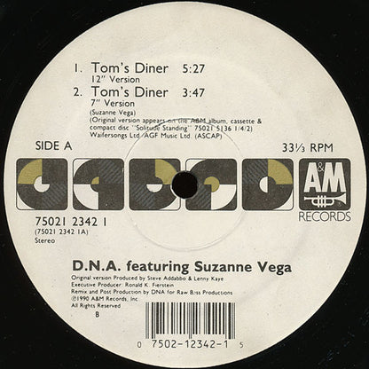 D.N.A.* Featuring Suzanne Vega : Tom's Diner (12", Single, Tra)