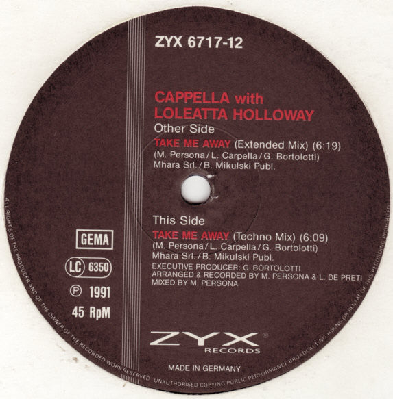 Cappella With Loleatta Holloway : Take Me Away (12")