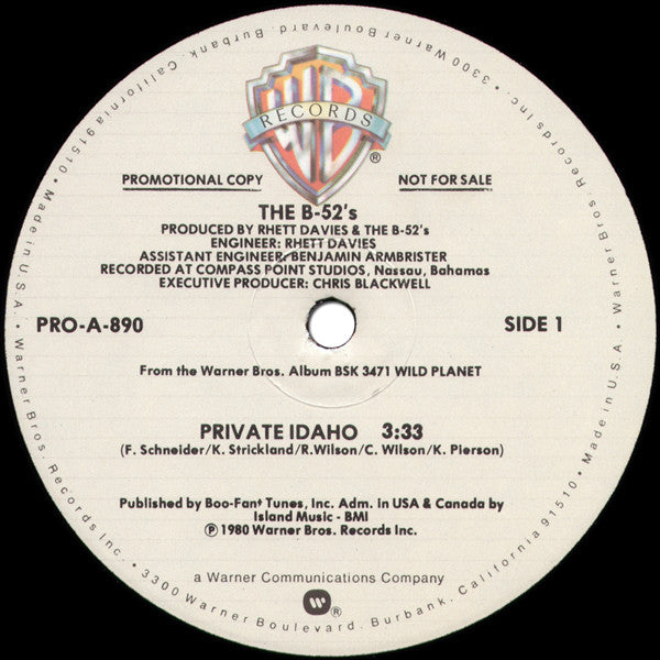 The B-52's : Private Idaho (12", Promo)