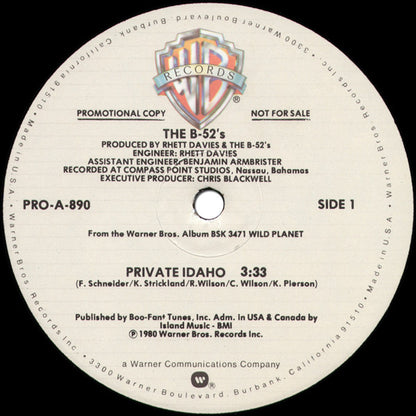 The B-52's : Private Idaho (12", Promo)